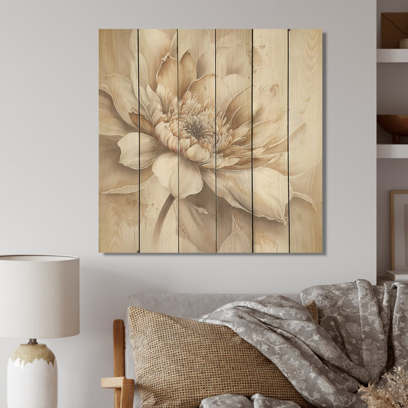 Amanat simple fleur beige III - impression sans cadre sur bois, H 36 po x l 36 po x P 1,5 po