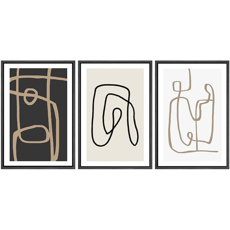 Esthétique abstraite, ligne noire, art moderne minimaliste, encadré sur toile, 3 pièces, H 24 po x l 48 po, Noir