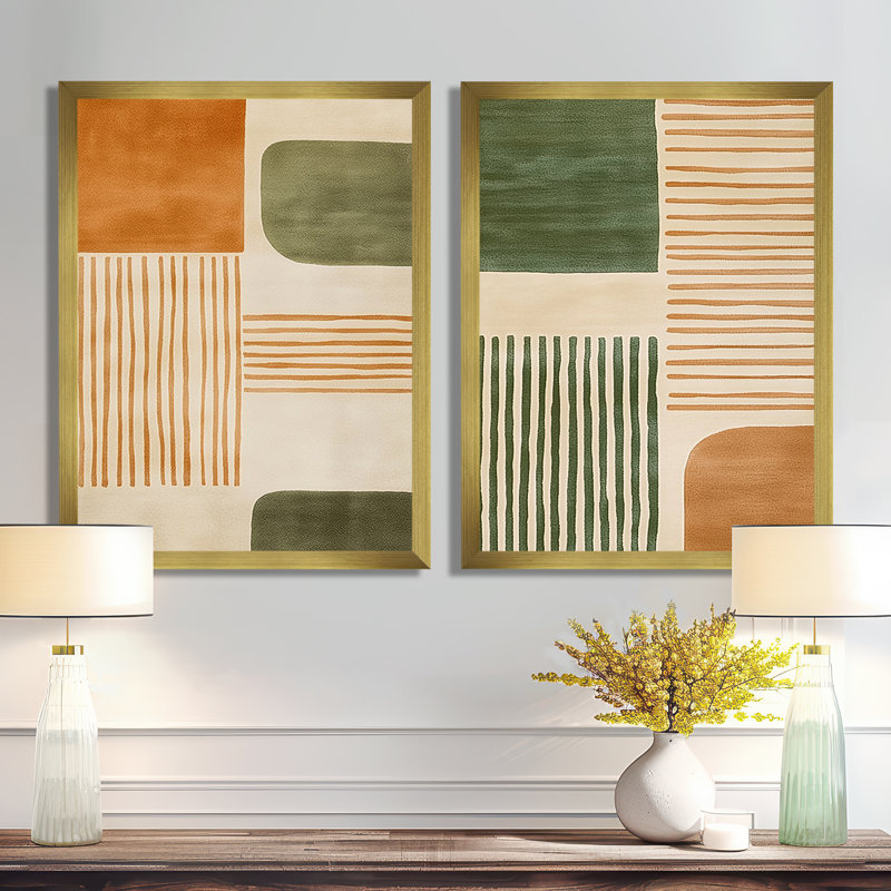 Orange, vert, éthéré, courants optiques - Impressions encadrées modernes 2 pièces, H 32 po x l 48 po, Gold Picture Framed