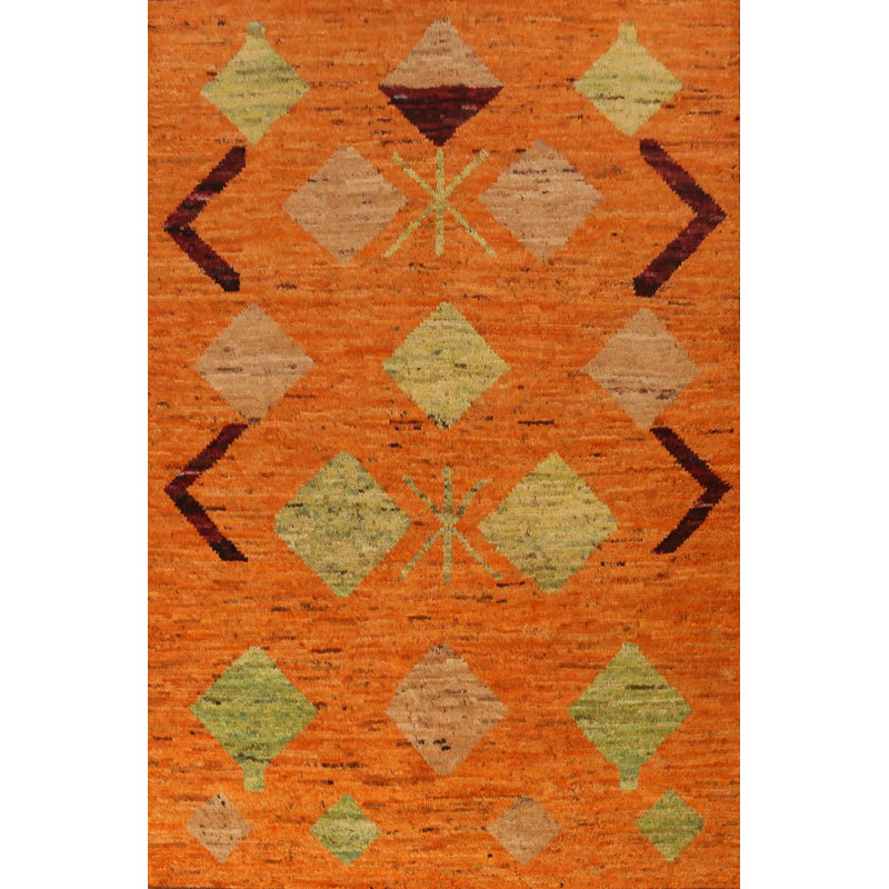 Tapis oriental orange fait à la main en laine orange 7 x 10