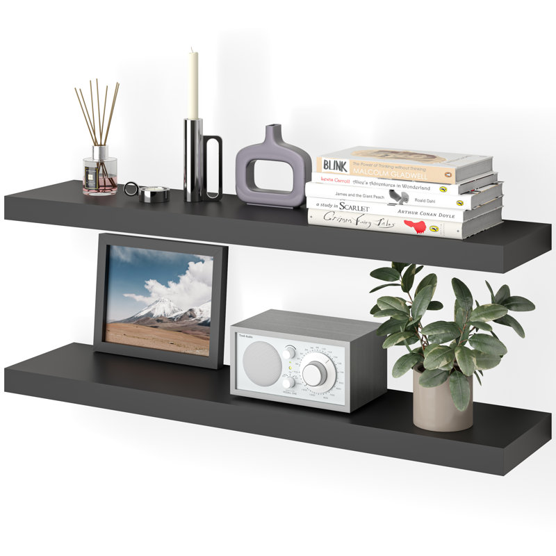 Black Wood Floating Wall Shelves Set with Invisible Brackets