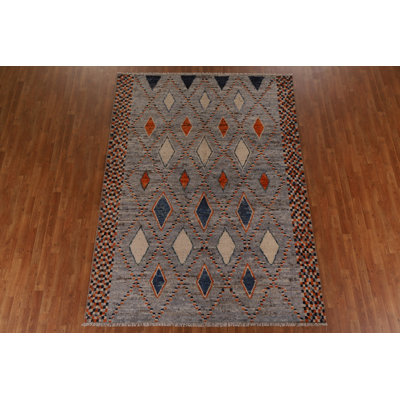 Tapis gris en laine noué à la main de conception unique 6 pi 11 po x 9 pi 7 po New Age