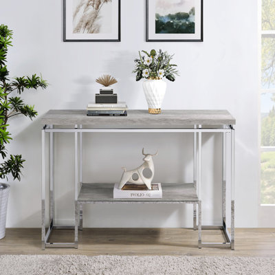 Table rectangulaire avec dessus en chêne naturel - Console élégante et chaleureuse avec piètement traîneau en bois et en métal, offrant un rangement polyvalent pour votre espace de vie.
