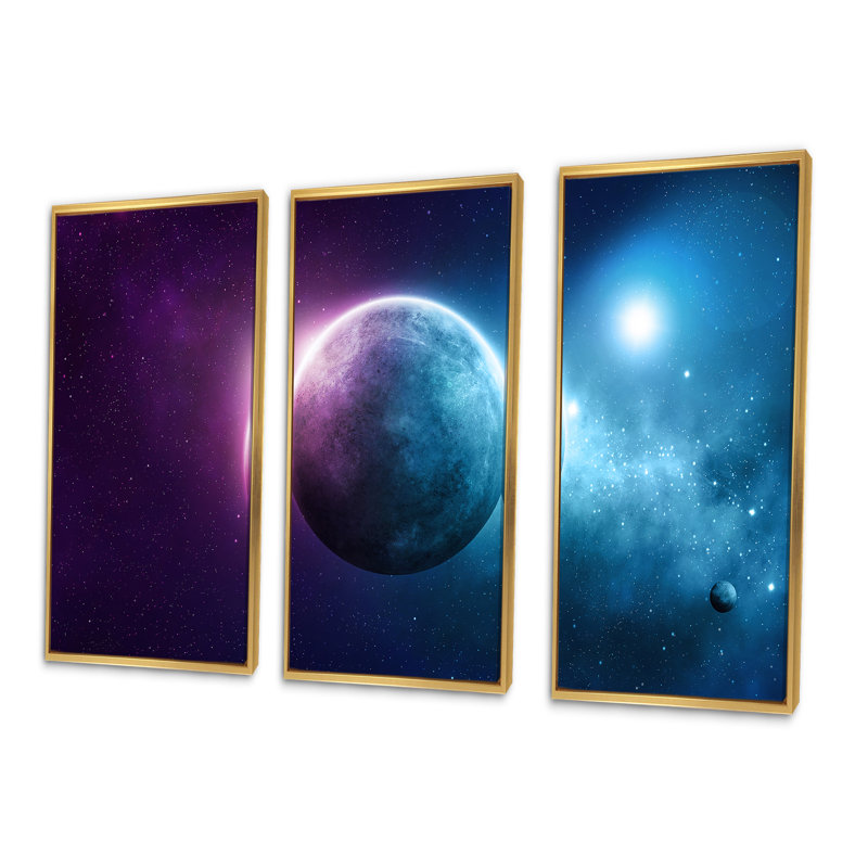 Planète profonde - ensemble de 3 toiles abstraites encadrées, H 32 po x l 48 po, Or