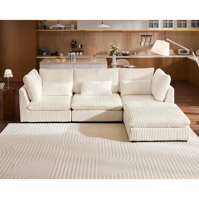 Canapé modulaire en forme de L de 113 po avec repose-pieds et fauteuil inclinable convertible en tissu de velours côtelé - siège profond - confort de 22,4 po - blanc