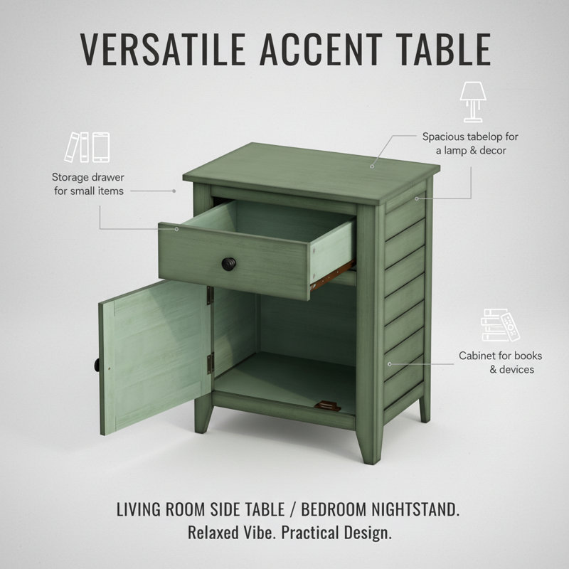 Transitional Antique Green Nightstand | Space-saving Wood End Table With Storage Drawer And Cabinet | 25" H Bedside Accent Table | Gift Idea