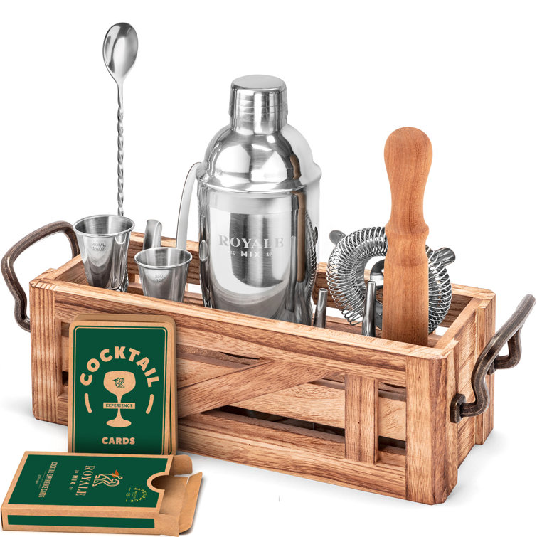 Bartender Kit 19 Piece Bar Tool Set with Rustic Wood Stand Cocktail Shaker  Set