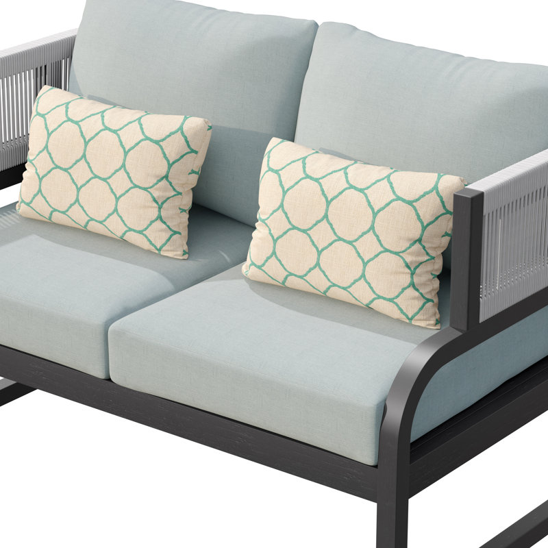 Causeuse d'extérieur en acacia avec coussins, Structure grise / coussin en oléfine turquoise cl