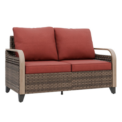 Outdoor Patio Brown Wicker Wood Grain Armrest Dining Loveseat with Cushion by Latitude Run