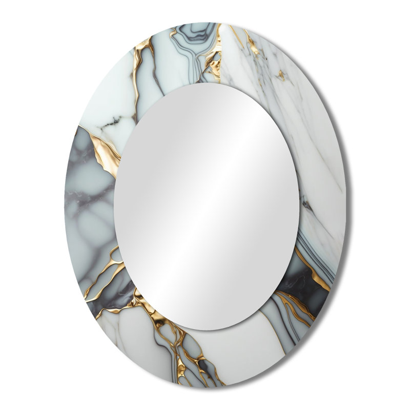 Abstract Geode Gold And White Marble V - Abstract Oval Decorative Mirror On Metal, 43" x 33"