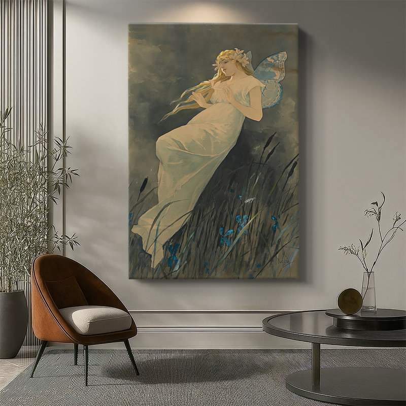 Elf avec fleurs d'iris - Toile tendue avec châssis par Alphonse Mucha, 32 x 48