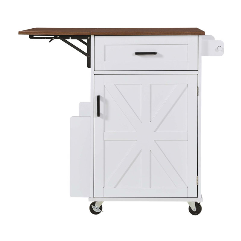 39.3" Farmhouse Kitchen Island With Drop Leaf, Kitchen Storage Island With Open Side Rack, One Drawer, Towel Rack, Rolling Kitchen Cart With Lockable Wheels For Lawn Garden, White