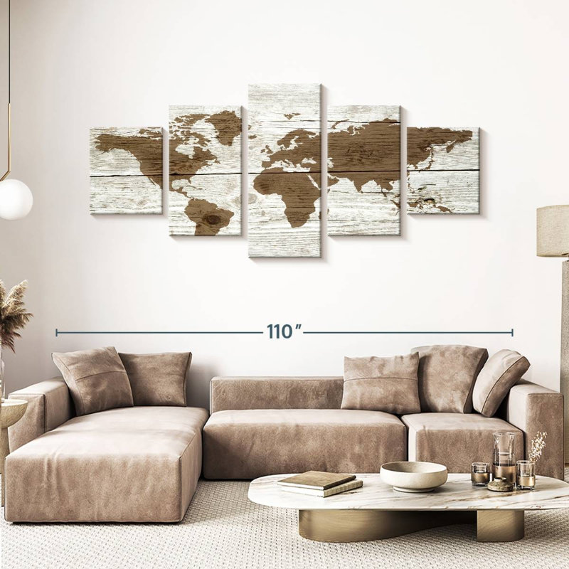 Carte du monde en bois III sur toile, ensemble de 5 pièces, H 92 po x l 42 po x P 1,25 po