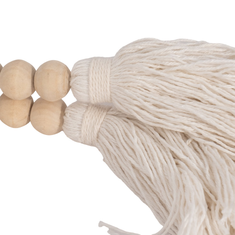 Hedvika Decorative Wood and Macrame Bead Strand with Tassels - Modern Handcrafted Accent Piece, Brown