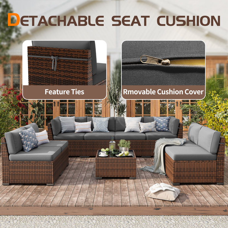 8 Person Rattan Sectional Seating Group With Cushions, Gray, No