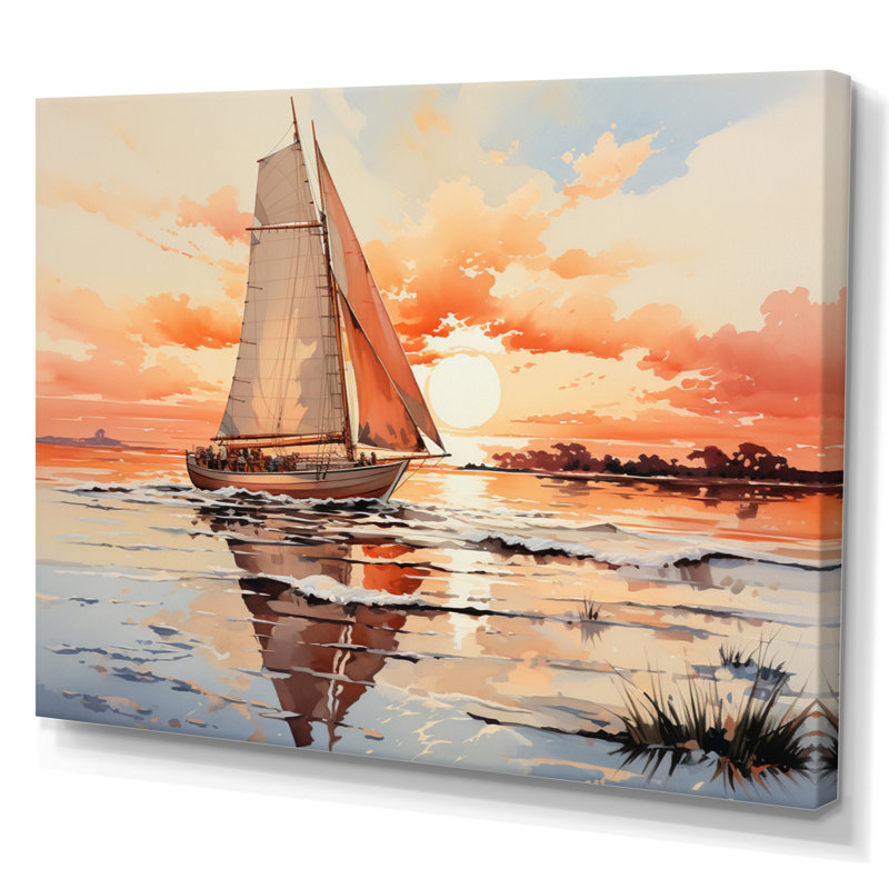 «Dixion Peach Sail Boat Into The Sunset», reproduction d'art sur toile, Toile tendue, H 12 po x l 20 po x P 1 po