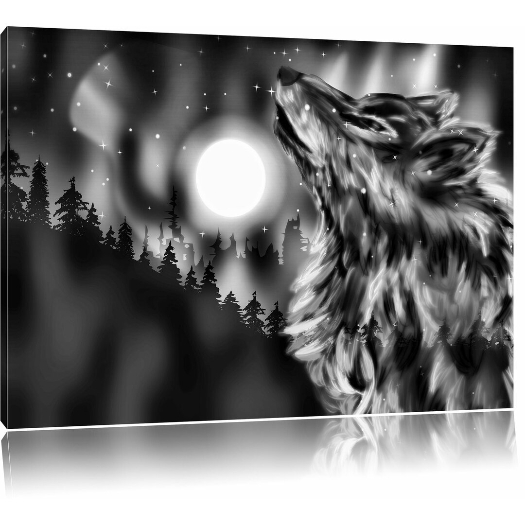 Leinwandbild Abstrakter Wolf mit Mond in Monochrom