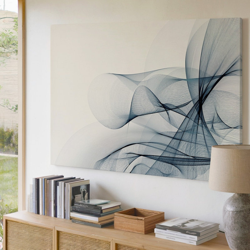 Toile, composition abstraite sereine mettant en vedette des lignes translucides fluides dans un art mural nuances de gris entrelacées gracieusement