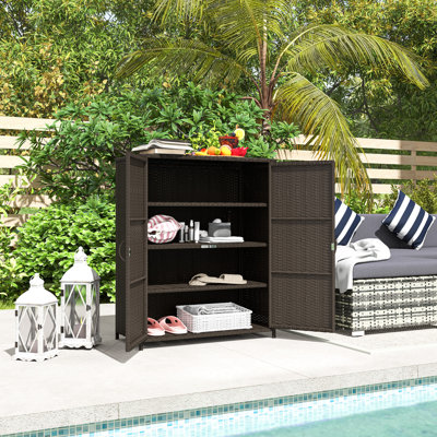 Wicker Outdoor Storage Cabinet with Shelves, 4-Shelf Outdoor Pool Towel Storage Cabinet with Two Doors, Rattan Outdoor Storage Shelves for Garden, Bac by Outsunny