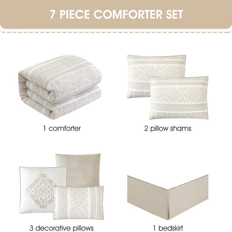 Ilaria 7 Piece Beige Jacquard Comforter Set, King Comforter + 6 Additional Pieces, Beige