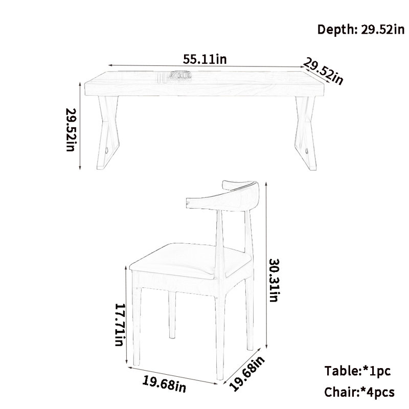 Simple solid wood household dining table sets, 29.52"H x 55.11"L x 29.52"W