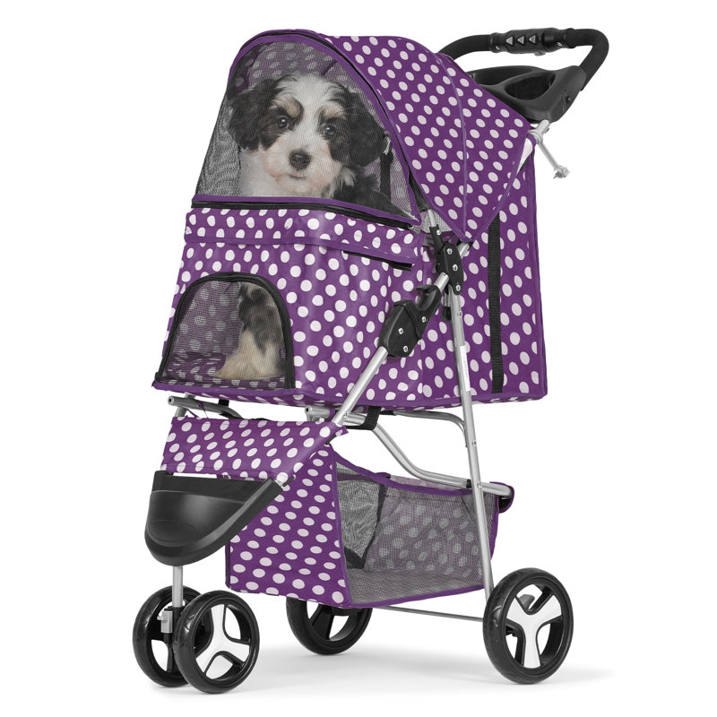 Purple Polka Dot Foldable Pet Stroller with Storage