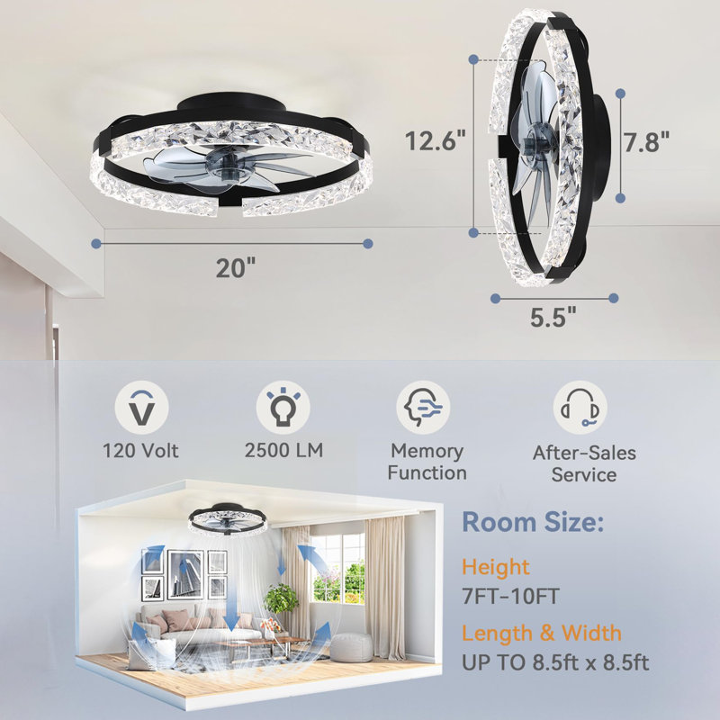 Ventilateurs de plafond à profil bas de 20 pouces avec lumières et télécommande, Noir