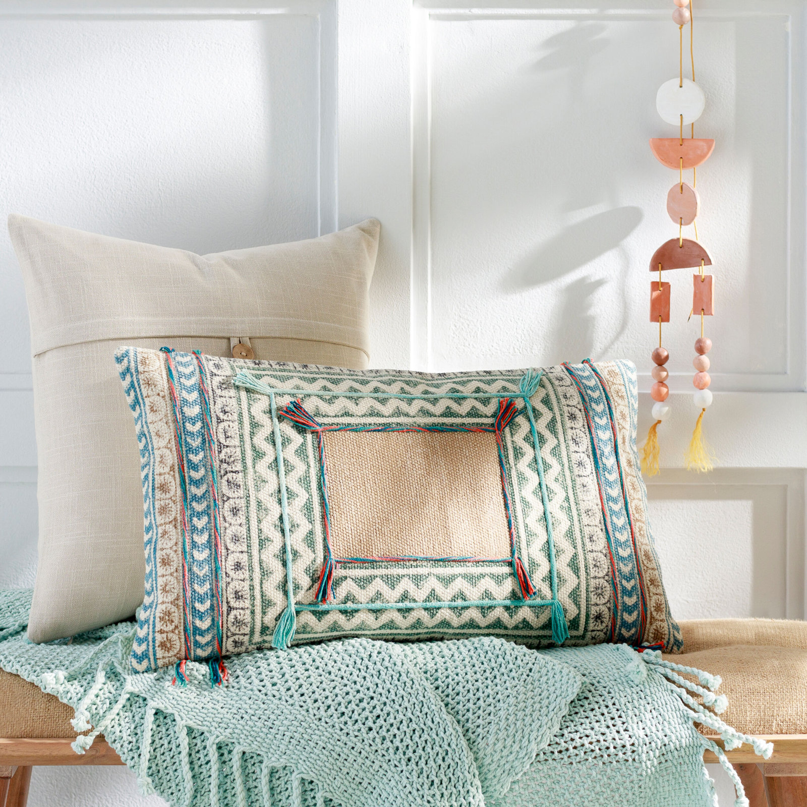 Leigh Buttons Cotton Throw Pillow, 18" x 18", Down, Off White