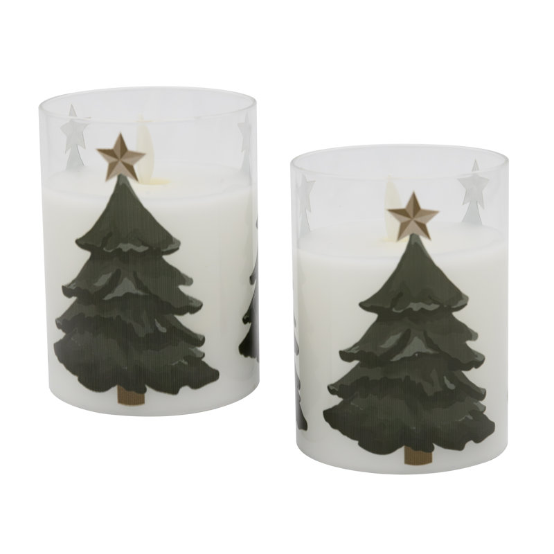 Holiday Tree Battery Operated LED Glass Candles with Moving Flame - 2 Piece