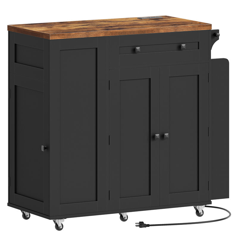 Kamey 35.4" Rolling Kitchen Island with Trash Cabinet and Charging Station,Wheels Drawer Cabinet for 10 Gallon Garbage Bin