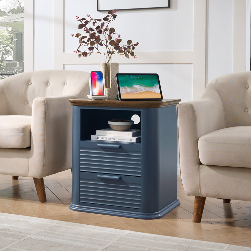22" Large Tabletop Round Corner Nightstand with Charging Station Fluted Design with 2 Drawers, Blue