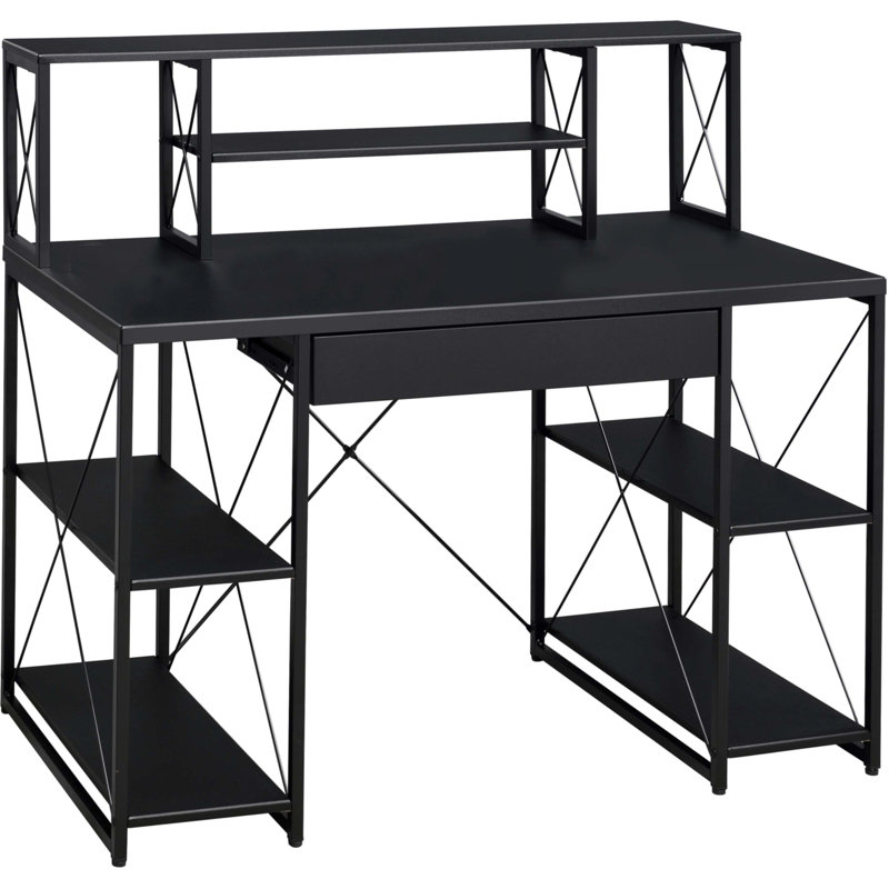 Bureau noir avec tablettes ouvertes et huche, Noir