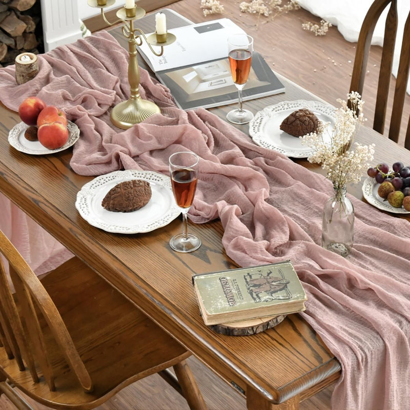 Dusty Pink 2PCS Boho Gauze Cheesecloth Table Runner 300 cm | Valentine's Day Seasonal Fabric Kitchen Dining Wedding Holiday Table Decor for Home Party