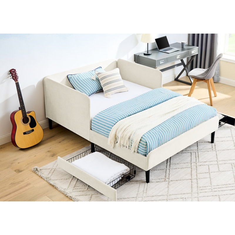 Full Size Beige Upholstered Platform Bed With 2 Storage Drawers, Convertible Velvet For Modern Bedroom Aesthetics And Comfort Bed, Drawers Flexible Use In Small Homes