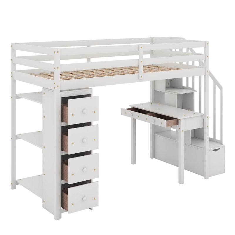 Twin Loft Bed With Drawers,Desk And Stairs, White