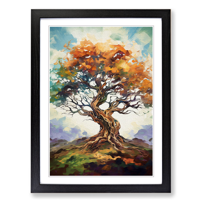 Oak Tree Gestural - Single Picture Frame Print on Wood, 64cm H x 46cm W x 2cm D, Black