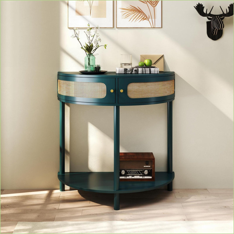 Table basse demi-cercle bohémien en rotin - 2 tiroirs Tablette inférieure pour petit salon