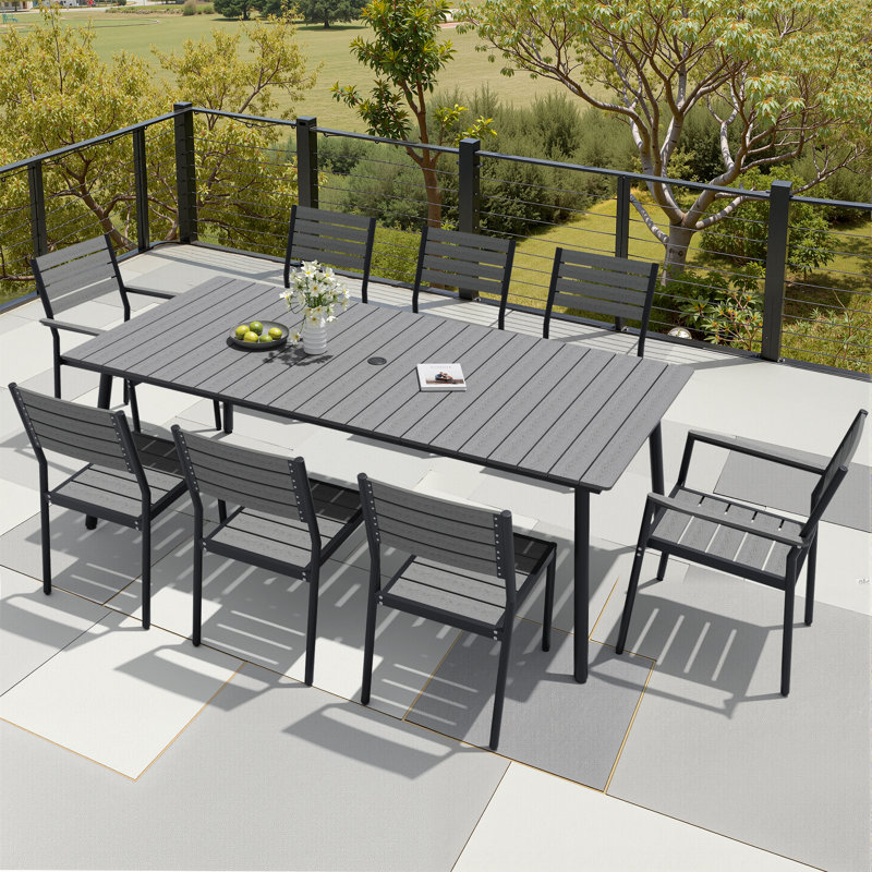 8 - Person Aluminum Patio Dining Set With Umbrella Hole And Armed And Armless Chairs, Gray