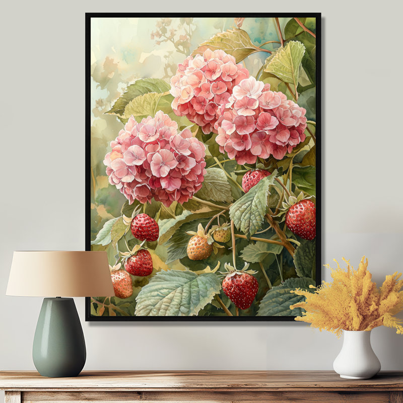 Hydrangeas in the Strawberry Patch - Hydrangea Wall Art, Noir, Reproduction encadrée sans passe-partout, H 20 po x l 12 po