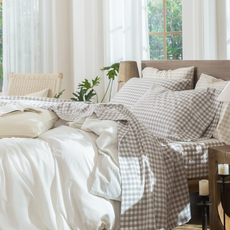 Ensemble de draps 100% coton lavé MooMee, Ensemble de draps pour très grand lit avec 2 taie, Lin gris tanné