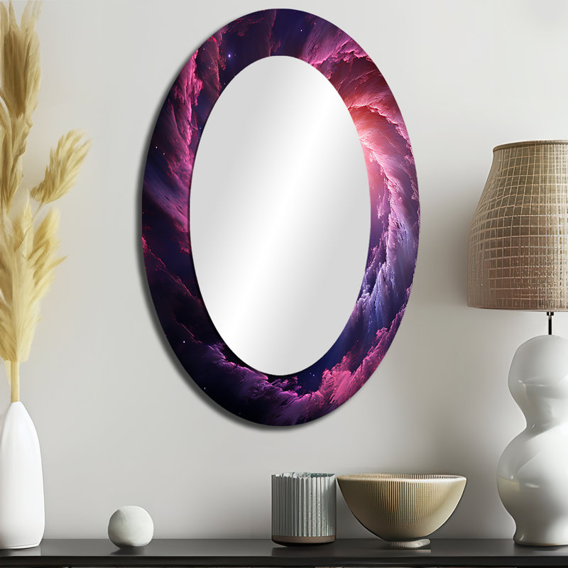 Abstrait galaxie mauve abstrait II - Miroir décoratif ovale abstrait sur métal, 36 po x 24 po