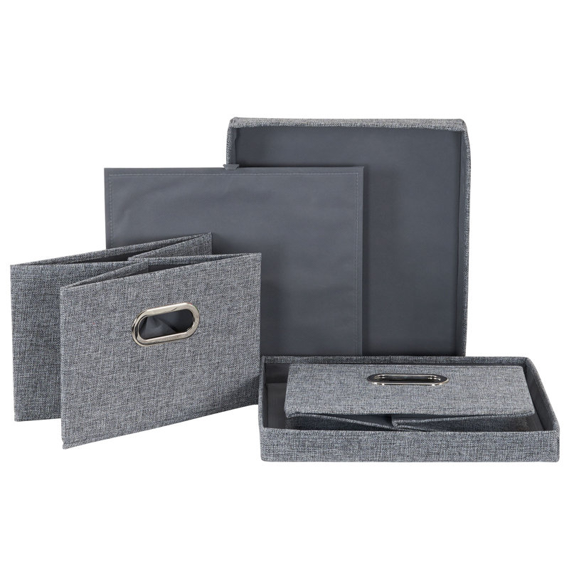 Storage Bins with Lids and Chromed Grommet Handles, Set of 2, Textured Linen Look, Gray, Grey