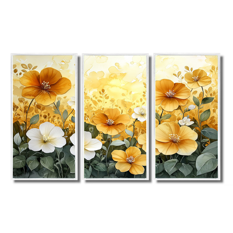 Été lueur dorée d'hibiscus II - art mural d'hibiscus pour le salon - ensemble de 3, H 32 po x l 48 po, Blanc