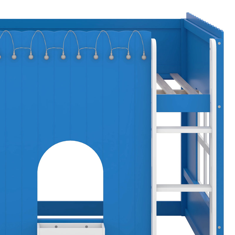 Lit mezzanine pour enfants avec guirlande lumineuse à DEL, barrière de sécurité, espace de jeu sous le lit, Full, Klein Blue