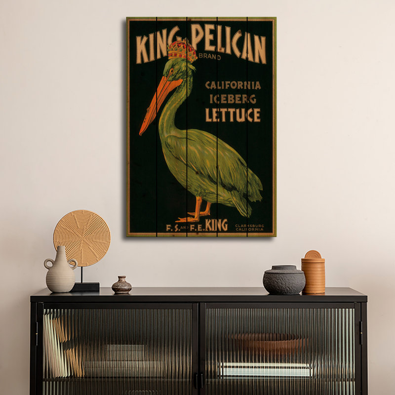 Wood Wall Art Print - King Pelican Brand California Lettuce Label Vintage Poster by Unknown Artist, 26" H x 18" W