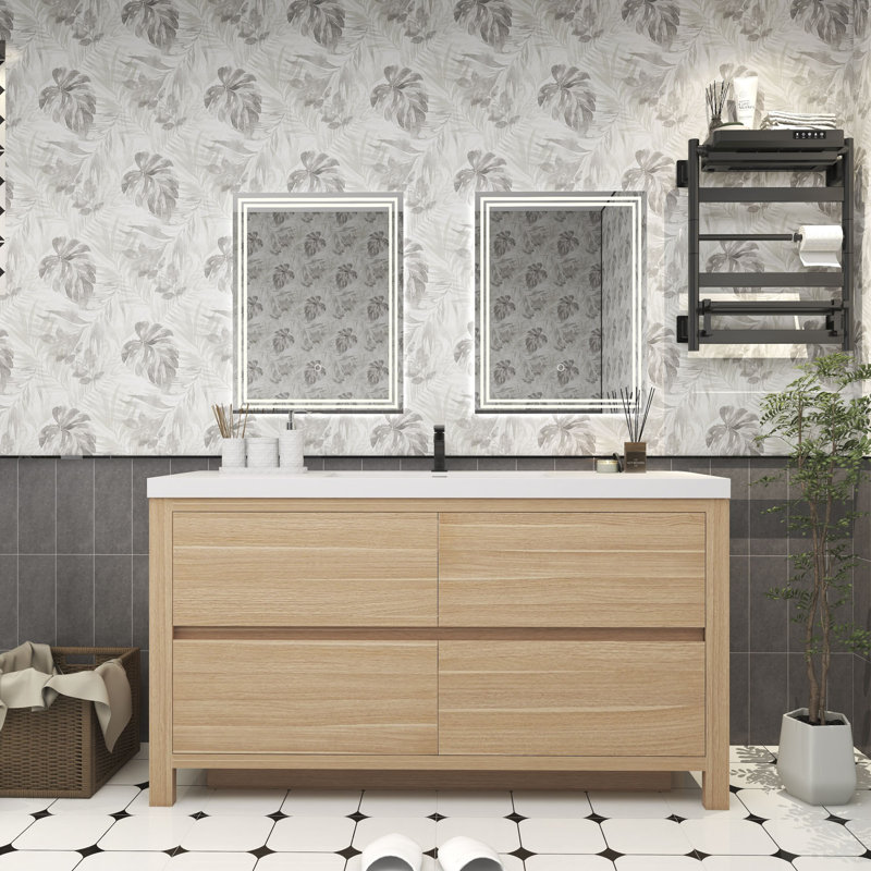 Meuble-lavabo simple 59,06 po avec plateau en acrylique Bethalto, Chêne clair