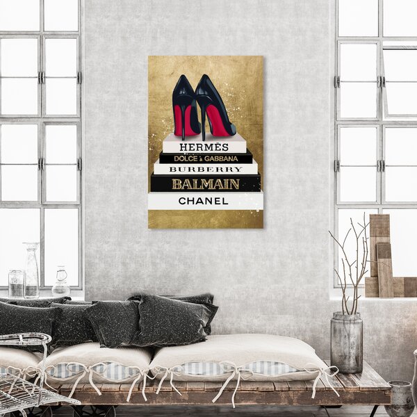 Stupell Industries Blue Bow Heels Above Iconic Designer Books by Amanda Greenwood Unframed Abstract Wood Wall Art Print 10 in. x 15 in., White