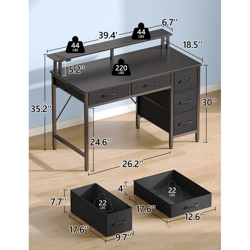 Linze Computer Desk w/ Monitor Shelf, RGB LED Lights, USB Ports & Drawers, 35.20"H x 39.40"W x 18.50"D, Black