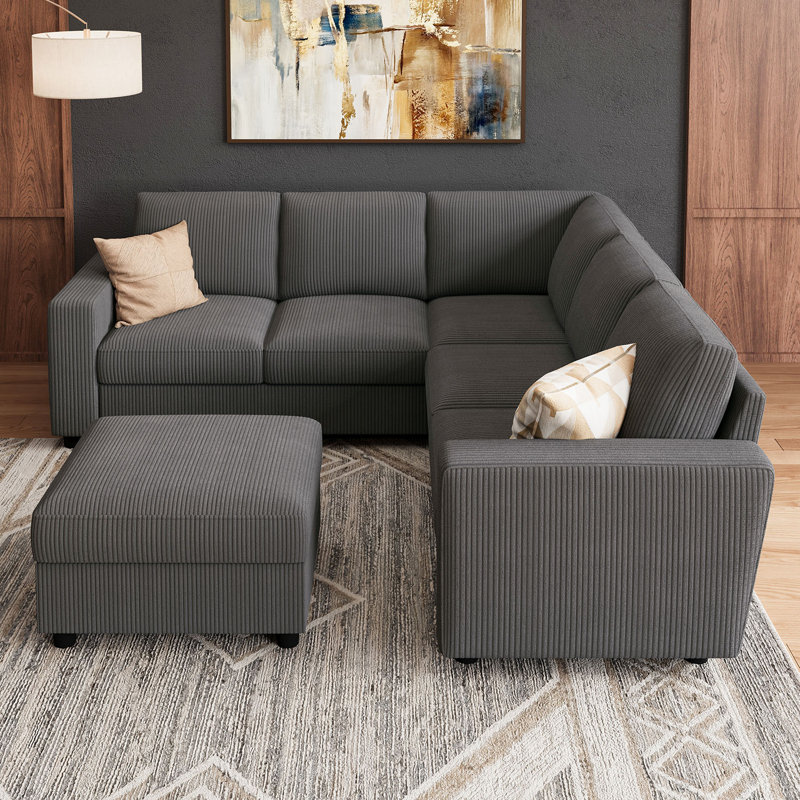 Abramson U-shaped Modular Corduroy Sectional Sofa With Storage Ottoman Dark Gray, 33.9" H x 79.9" W x 79.9" D