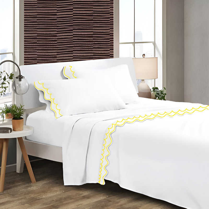 400TC Cotton Sateen Double Scallop Embroidery 4 Piece Sheet Set Fitted Sheet Fits Upto 16" Deep Pocket, Queen Sheet Set